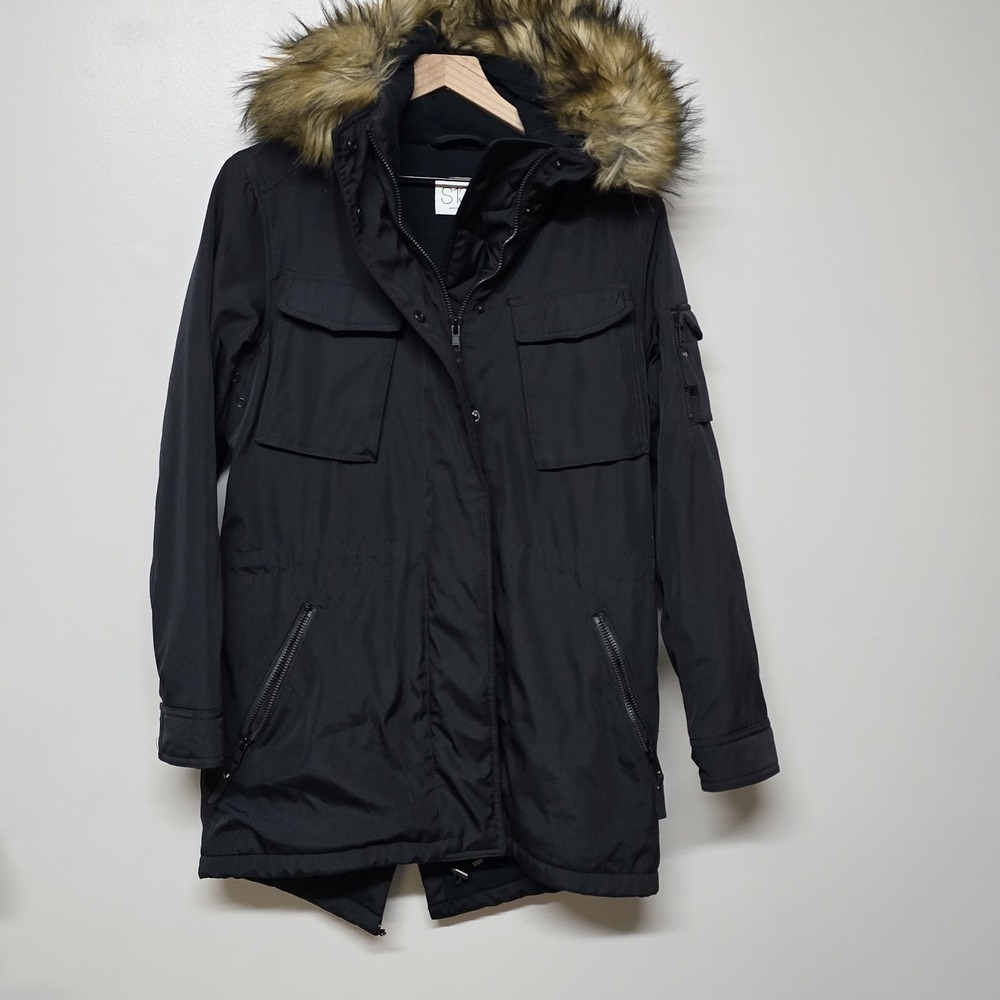 S13 New York Black Parka Jacket M Faux Fur Hood Warm‎ Winter Coat 33" Long Flaw